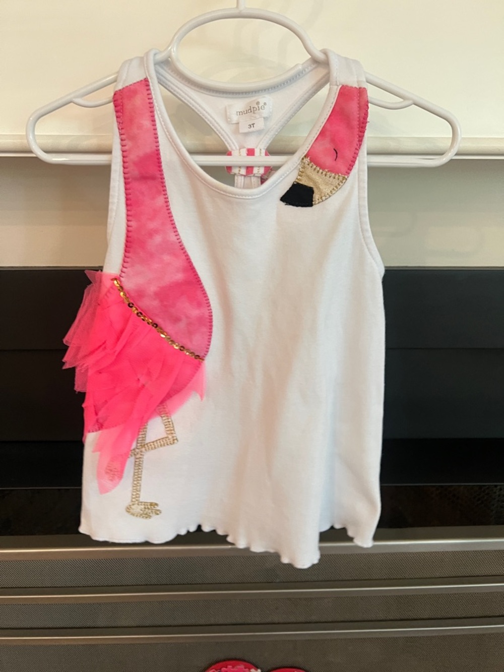 Mud Pie White Tank with Neon Pink Flamingo Applique
